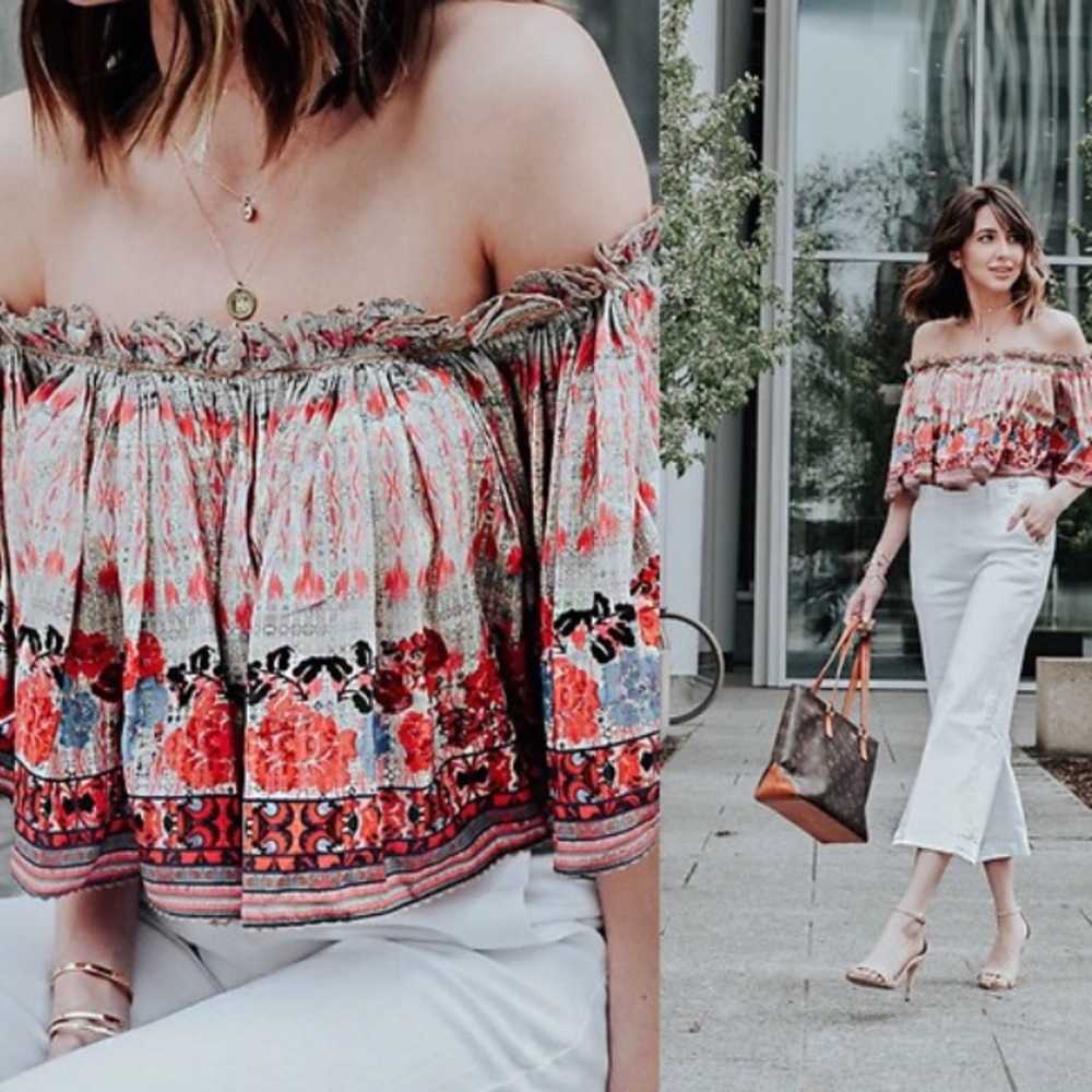 Anthropologie floral off the shoulder crop top